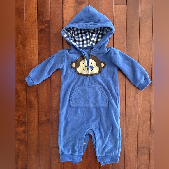9 month Carter’s Blue Hooded Baby Romper with Monkey Design - Picture 1 of 4